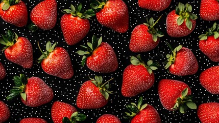 Strawberries scattered on polka dot surface, food background for website or menu