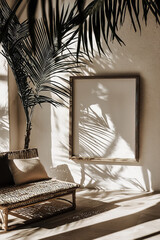 Blank photo frame on white background, textured beige wall, home plant. Warm, inviting lighting. Elegant and sophisticated aesthetic, shadow play, sunlight reflections