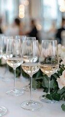 Elegant setting with wine glasses on a beautifully arranged table during a joyful celebration event in a bright venue