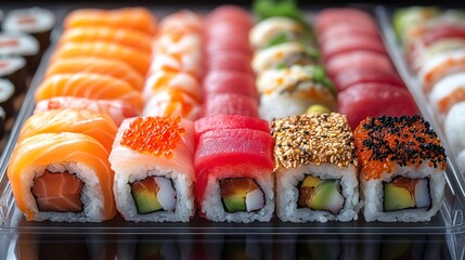 Delicious sushi rolls covered with sesame seeds and roe in plastic container