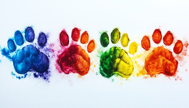 Vibrant rainbow paw prints painted on white canvas, creative puppy footprint design, abstract art with colorful animal paw prints and rainbow effect