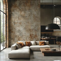 Modern living room, textured wall, beige sofa