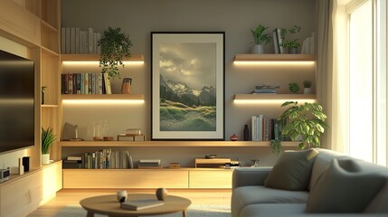 A serene living room blending wood and green elements, sleek shelves with books and plants, a large framed poster on the wall, natural lighting enhancing warmth, wide-angle view.