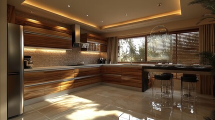 Modern kitchen interior with wooden cabinets and natural lighting