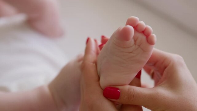 Close-up of a newborn's bare feet. The mother's unfamiliar hands massage the sole of the baby's foot with delicate movements. The young mother after the bath moisturizes and massages the baby