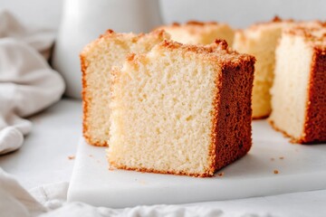 Freshly Baked Square Piece of Vanilla Cake on a Light Surface