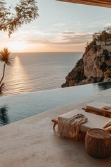 Luxurious infinity pool overlooking the ocean, modern boho patio with minimalist furniture, serene atmosphere, golden hour lighting, tropical vibes