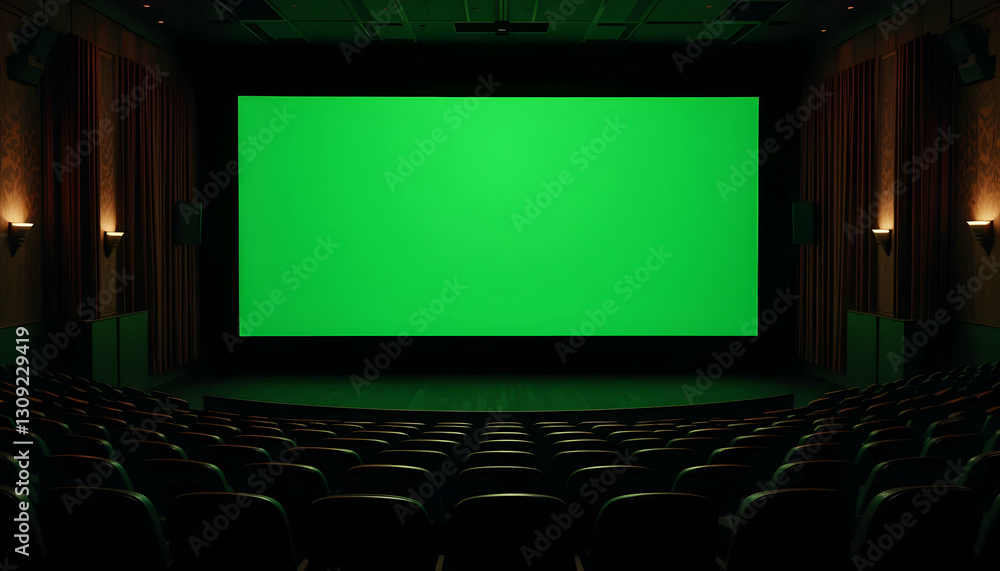 Poster empty movie theater with green screen ready for content display