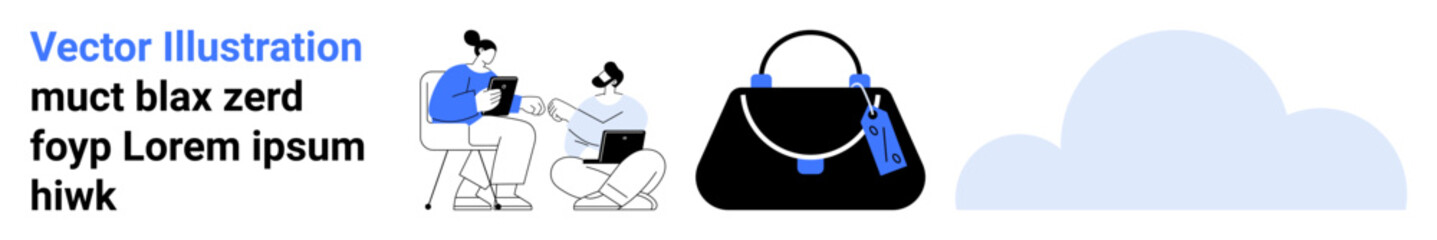 Two people discussing an idea at a desk, elegant handbag with tags, and stylish cloud element. Ideal for business, e-commerce, fashion, communication, teamwork cloud storage technology. Ideal