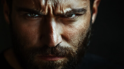 Obraz premium A high-quality artistic portrait of a bearded man with an intense expression, focusing on his expressive eyes and furrowed brow, extreme close-up shot with dramatic lighting