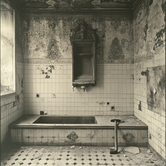Derelict bathroom, decaying tiles, antique fixture.