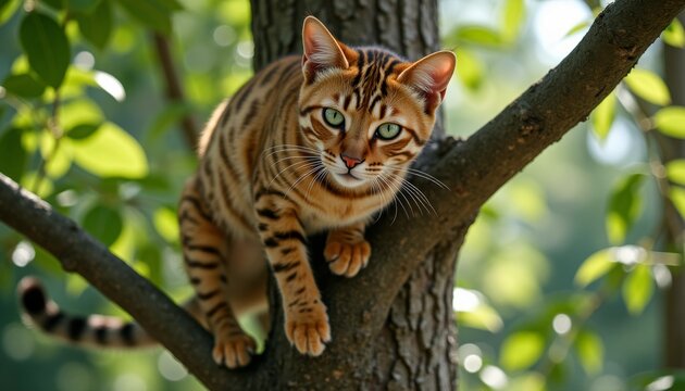Bengal cat with striking green eyes and a beautifully patterned coat is perched on a tree branch, surrounded by lush green leaves. Perfect for nature, wildlife, and pet-themed projects. - Powered by Adobe