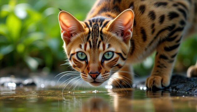 Bengal cat with striking green eyes is drinking water from a stream. The cat's fur is beautifully patterned with dark spots and stripes, and the scene is set in a lush, green outdoor environment.