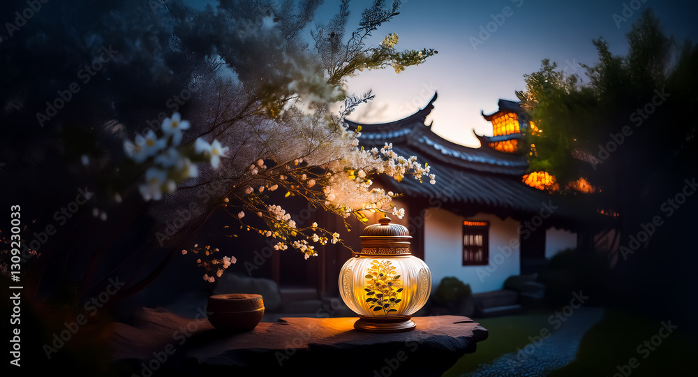 Poster a serene night scene features a warmly lit decorative lantern in a tranquil garden setting. a tradit