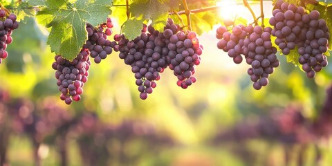 Fototapeta premium Floating fresh grapes on a blurred vineyard background