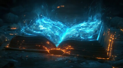Mystical glowing book with blue enchanted flames on rough ground