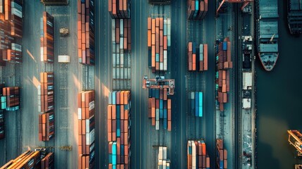 Obraz premium Aerial View of a Busy Cargo Port, Containers, Ships, and Logistics