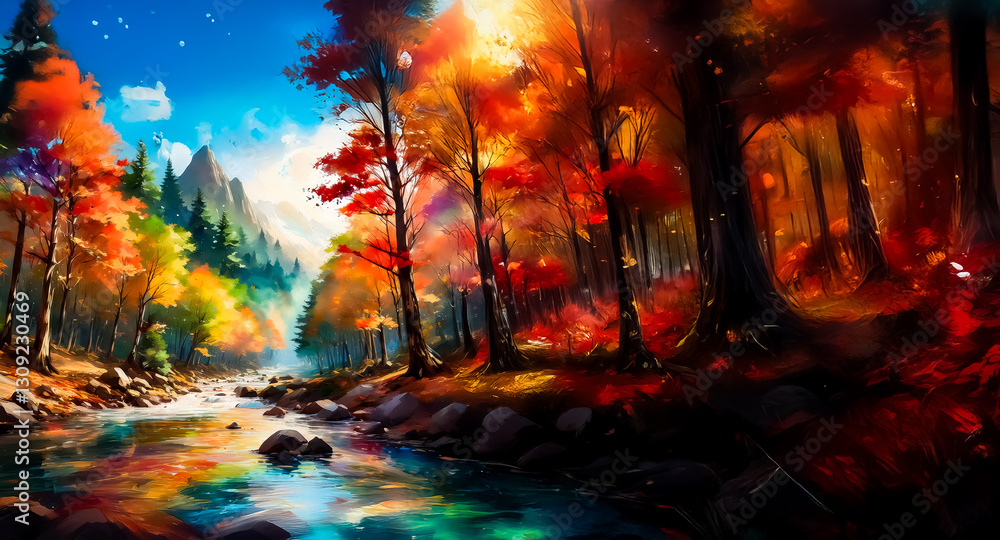 Poster a vibrant autumn forest scene with colorful trees reflecting in a clear river under a bright blue sk