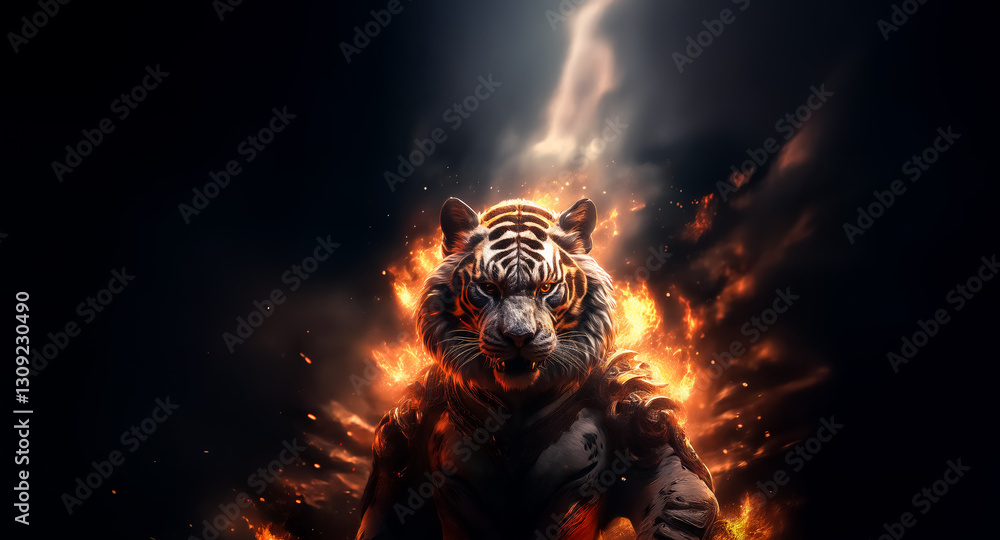 Poster a powerful tiger with a fiery aura stands against a dark backdrop. the intense gaze and burning flam