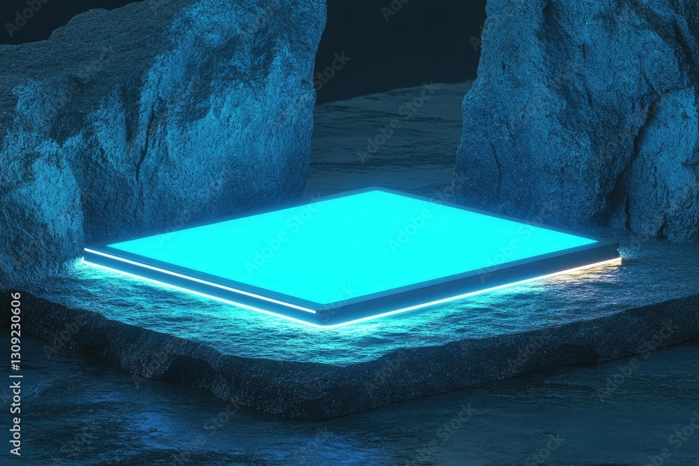 Poster futuristic cyan illuminated platform between rocks digital art render