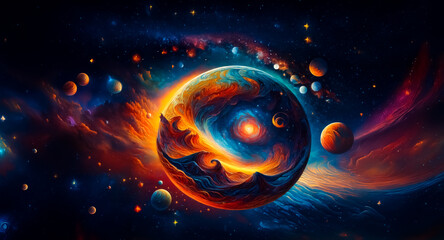 A vibrant planet glows with swirling orange and blue colors amidst a dark cosmic backdrop dotted with stars and distant celestial bodies in a beautiful space scene.