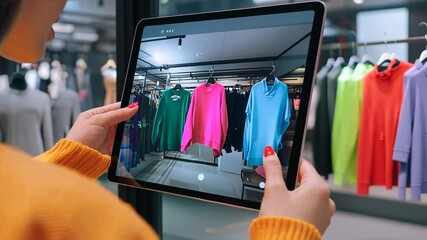 Online shopping experience with augmented reality, woman using tablet in clothing store