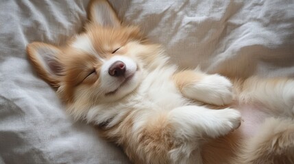 Adorable fluffy puppy sleeping peacefully on soft bedding