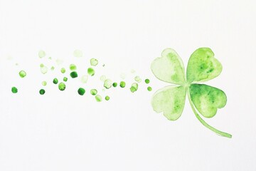 Green watercolor illustration of a four leaf clover with light splashes, symbolizing good luck and prosperity in nature s vibrant palette