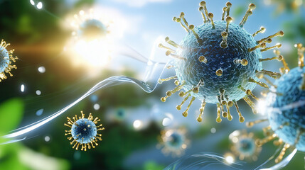 Colorful virus particles floating in bright environment, representing infection and disease