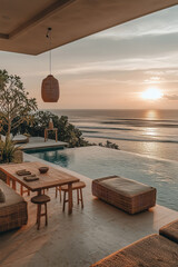 Luxurious villa in Bali with pool overlooking the ocean. Modern boho patio with minimalist furniture, serene atmosphere, golden hour lighting, tropical vibes. Beige and white tones