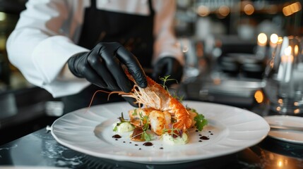 Close up of a seafood dish being served by a professional waiter in fine dining.