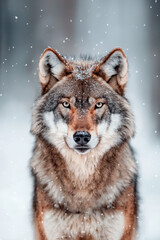 Obraz premium Captivating Portrait of a Wolf Amidst Snowflakes in a Serene Winter Wonderland