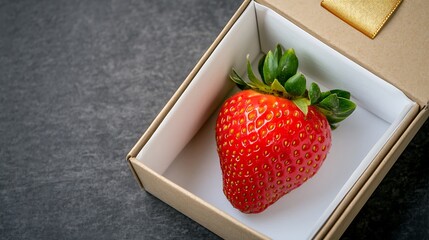 Strawberry presented in gift box on textured grey surface for promotional material