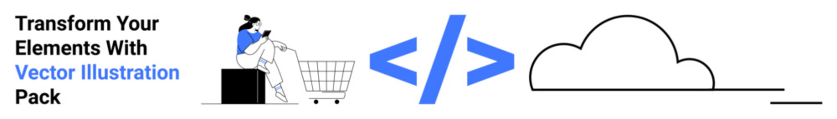 Person pushing a shopping cart, coding symbols, and a cloud icon convey digital transformation. Ideal for technology, e-commerce, cloud computing, web development, innovation, coding flat landing