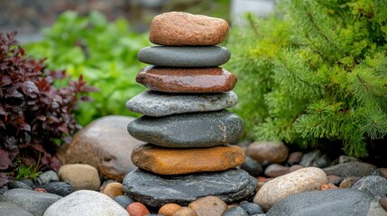 Balanced stone cairn in lush garden setting with greenery and rocks