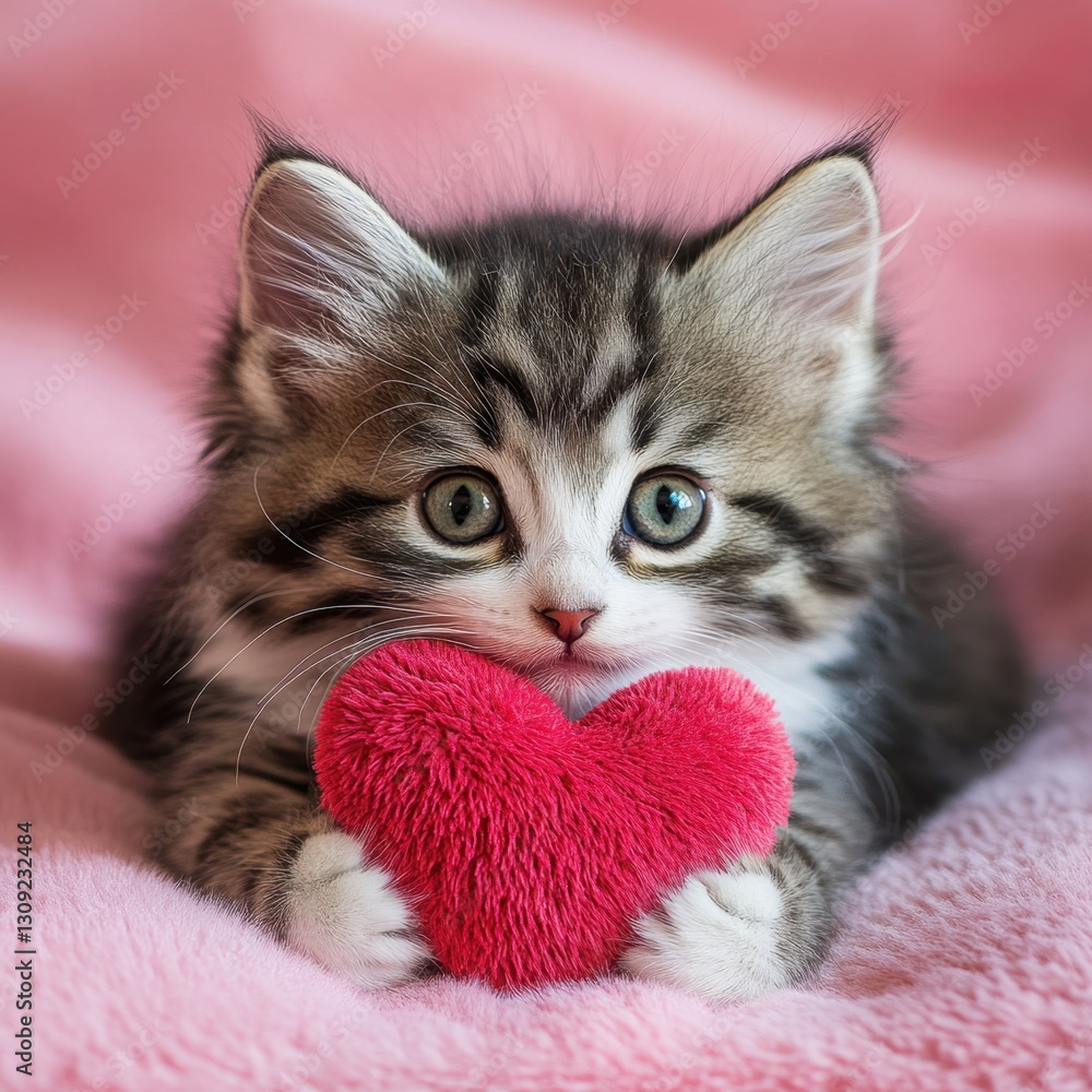 Poster cute fluffy kitten tightly hugging a soft red heart toy with an innocent expression, lying on a plus