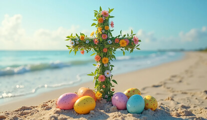 Nature-Inspired Easter Cross Made of Flowers with Vibrant Eggs on the Beach – Perfect for Holiday Advertising and Branding