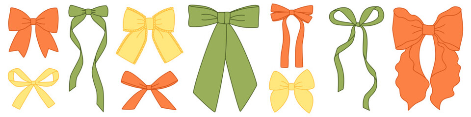 Set of different hair ribbons, bows of different colors with edging, sets of vintage bows for girls. Isolated ribbons. Attributes, decoration of parties, holidays, bow for gift wrapping, box.