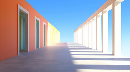 Modern Architectural Corridor with Colorful Walls under Bright Blue Sky