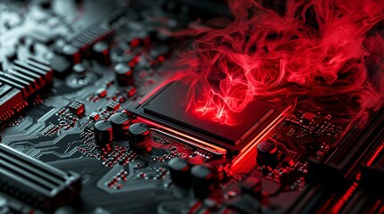 Close-up of a computer motherboard with a glowing red CPU and smoke rising from the chip, symbolizing hardware failure and technology malfunction. Concept of computer repair, IT troubleshooting