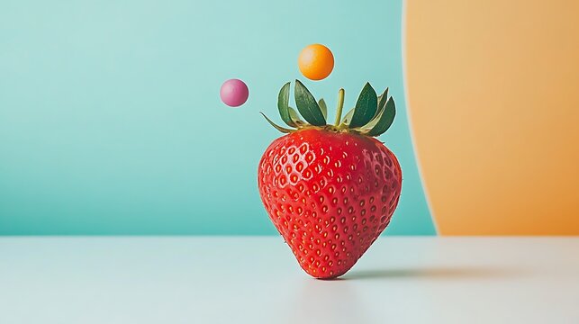 Strawberry with candy levitating, teal-orange backdrop, for healthy eating or dessert recipes