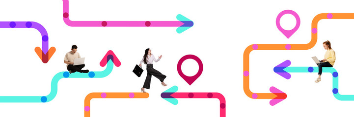 Modern art collage. Three professionals navigating vibrant path, with arrows and markers guiding different directions. Concept of roadmap, logistic, decision-making, career growth, digital navigation.