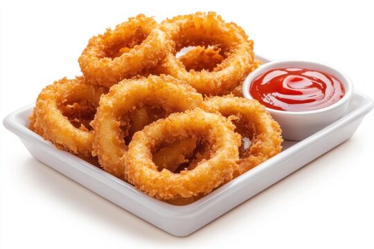 Delicious tray of crispy fastfood onion rings with ket dip restaurant setting food photography indoor environment close-up view snack concept