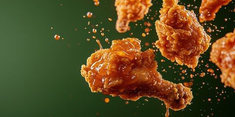Floating fried chicken with honey garlic sauce splashes on a deep olive green background