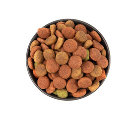 Dry pet food, dog color kibble pile, puppy meat and vegetable pellets, canine protein granules