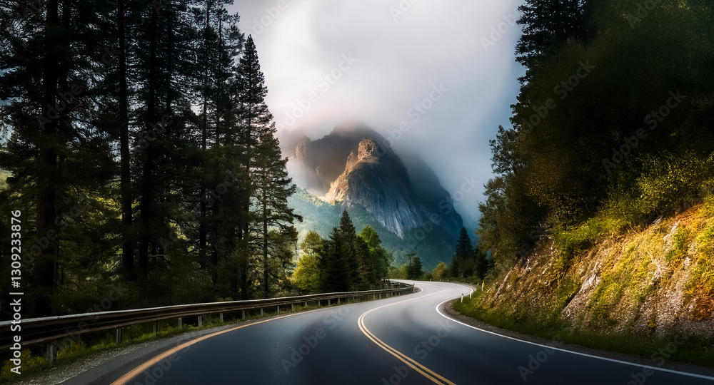 Aufkleber a winding road cuts through lush greenery, leading towards majestic mountains partially hidden by a 