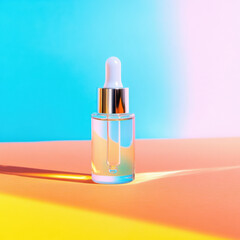 clear glass dropper bottle with metallic cap is set against vibrant, colorful background, showcasing modern and futuristic design. bright hues create dynamic and eye catching effect