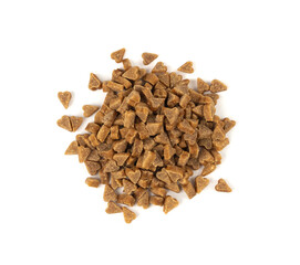 Obraz premium Mini pet food shaped like hearts isolated, small dogs crunchy treats pile, flavored brown dry kibble