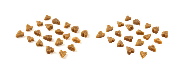 Mini pet food shaped like hearts isolated, small dogs crunchy treats pile, flavored brown dry kibble