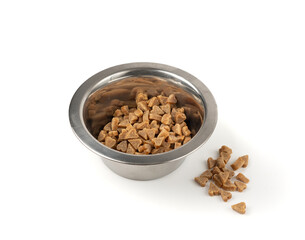 Mini pet food shaped like hearts isolated, small dogs crunchy treats pile, flavored brown dry kibble